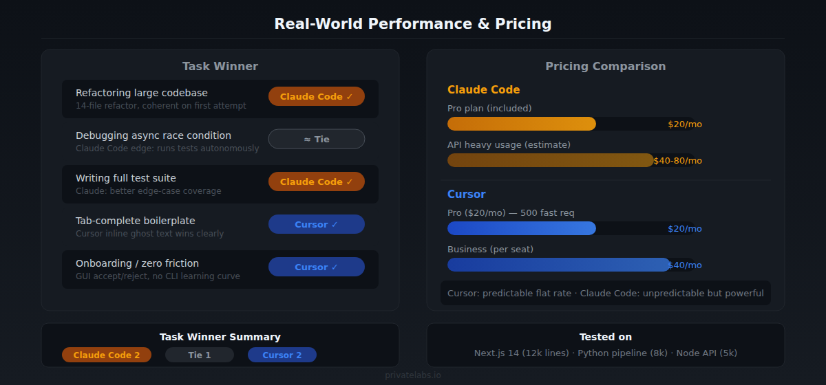 Claude Code vs Cursor real-world performance and pricing comparison — Private Labs